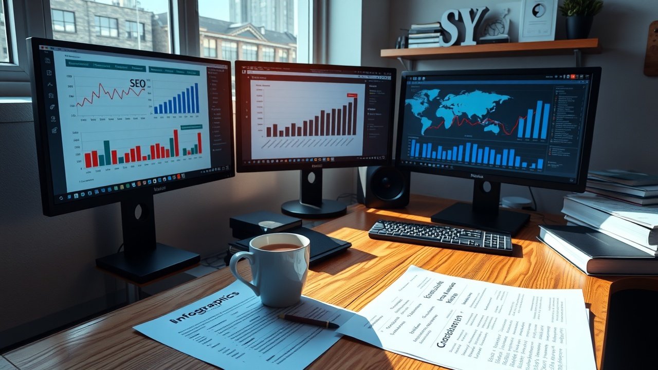 Sunlit office corner with multiple monitors displaying SEO graphs, coffee cup, and printed article drafts on wooden table., No infographics and no text
