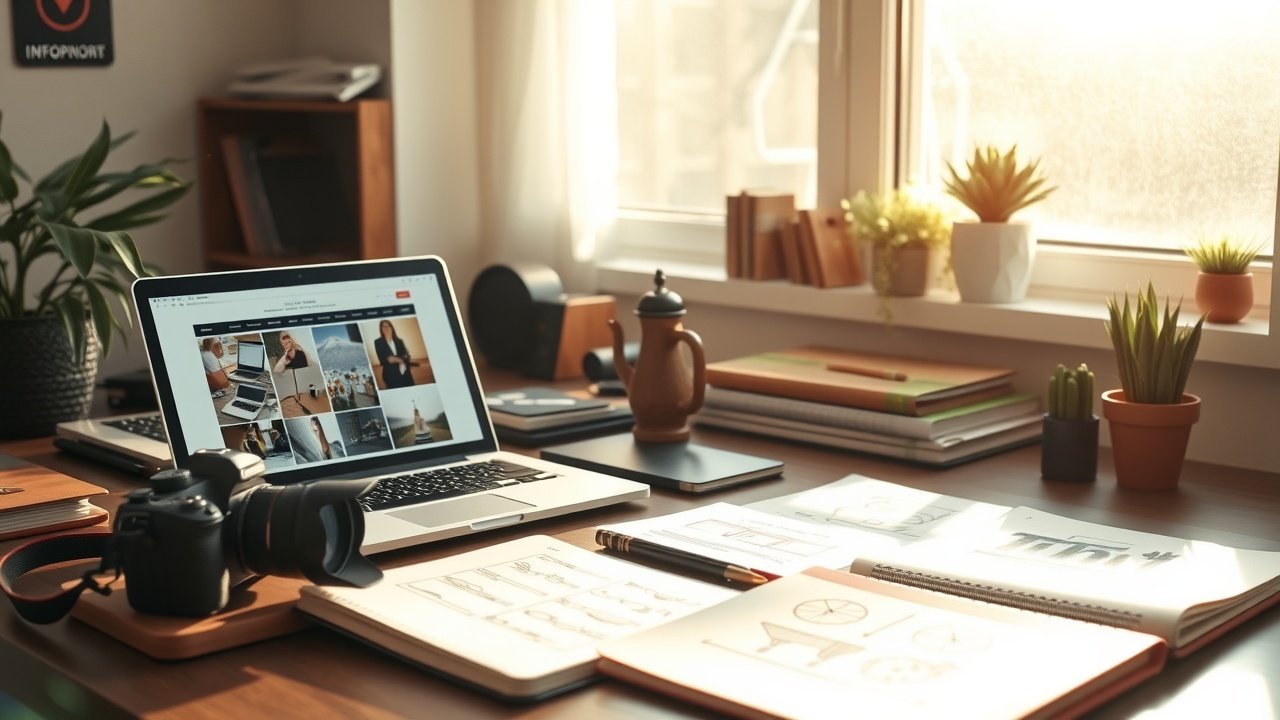 Sunlit office desk cluttered with camera, laptop displaying vibrant blog images, notebooks with sketches, warm morning light filtering through window., No infographics and no text