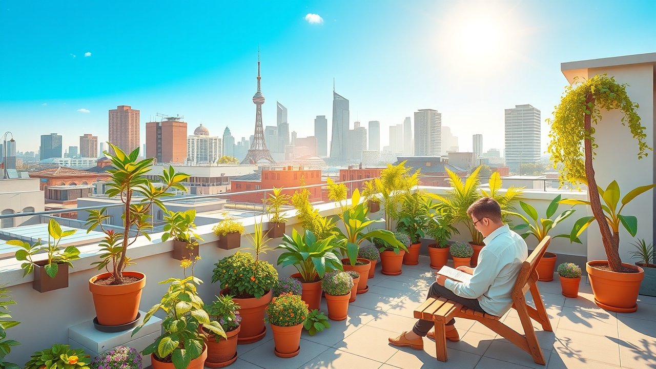 Sunlit rooftop garden with potted plants and a person reading a book on a bench, city skyline in the background under blue skies., No infographics and no text