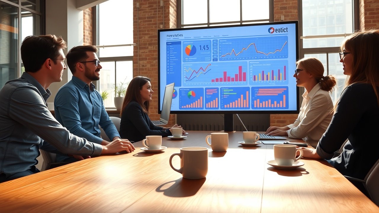 Sunlit urban office with diverse team collaborating around a large digital screen displaying vibrant website analytics graphs, coffee mugs on wooden table, natural light streaming through windows., No infographics and no text