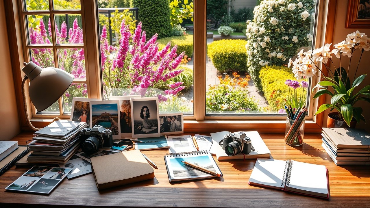 Sunlit wooden desk cluttered with colorful printed photographs, notebooks, and a camera, overlooking a blooming garden, evoking creative visual content planning., No infographics and no text
