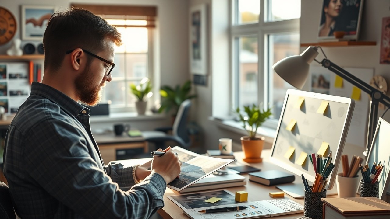 Sunlit workspace with designer annotating photo prints with SEO keywords on sticky notes, focused expression amid creative tools., No infographics and no text