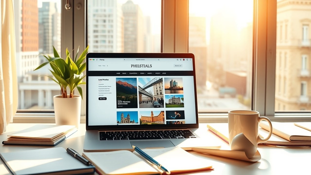 Sunlit workspace with laptop displaying vibrant blog images, scattered notebooks, coffee mug, and window view of city skyline, warm morning light., No infographics and no text