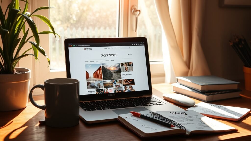 Sunlit workspace with laptop displaying vibrant blog images, coffee mug nearby, notebook sketches of visual ideas, warm morning light filtering through window., No infographics and no text