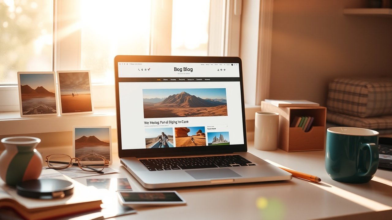 Sunlit workspace with laptop displaying blog layout, scattered photographs of landscapes and products, coffee mug nearby, warm afternoon light filtering through window., No infographics and no text