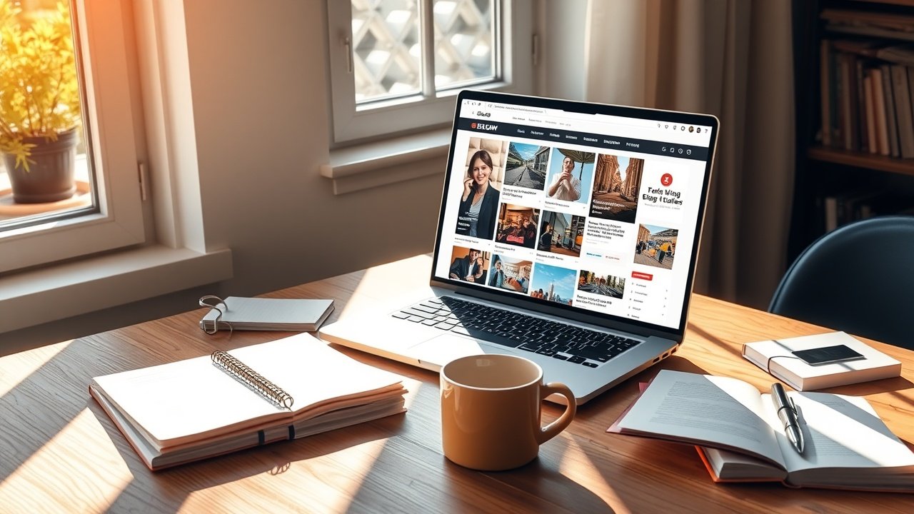 Sunlit workspace with laptop displaying colorful blog images, scattered notebooks and coffee mug on wooden desk, natural window light casting soft shadows., No infographics and no text