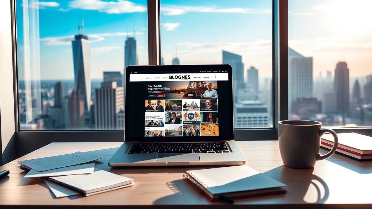 Sunlit workspace with laptop displaying vibrant blog images, scattered notes, coffee mug, overlooking city skyline at dawn., No infographics and no text