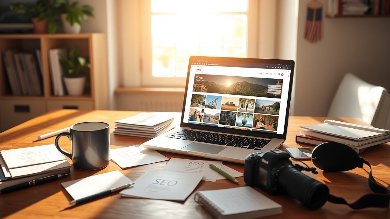 Sunlit workspace with open laptop displaying vibrant blog images, scattered SEO notes, coffee mug, and camera lens on wooden desk., No infographics and no text
