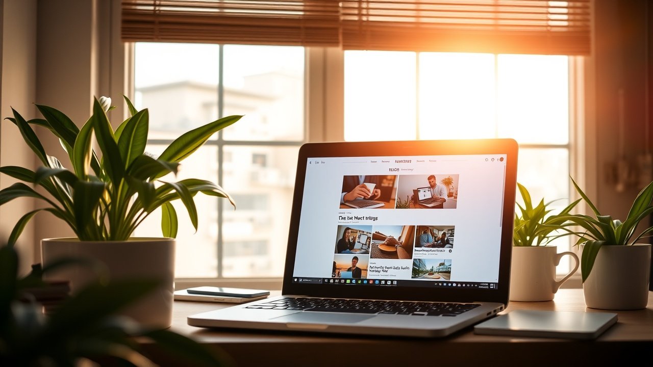 Sunlit workspace with open laptop displaying vibrant blog images, coffee mug nearby, green plants, soft morning light filtering through window., No infographics and no text