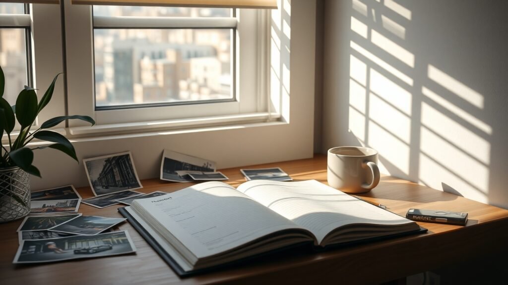 Sunlit workspace with open notebook, scattered photographs of urban scenes and nature, coffee mug nearby, soft morning light filtering through blinds., No infographics and no text