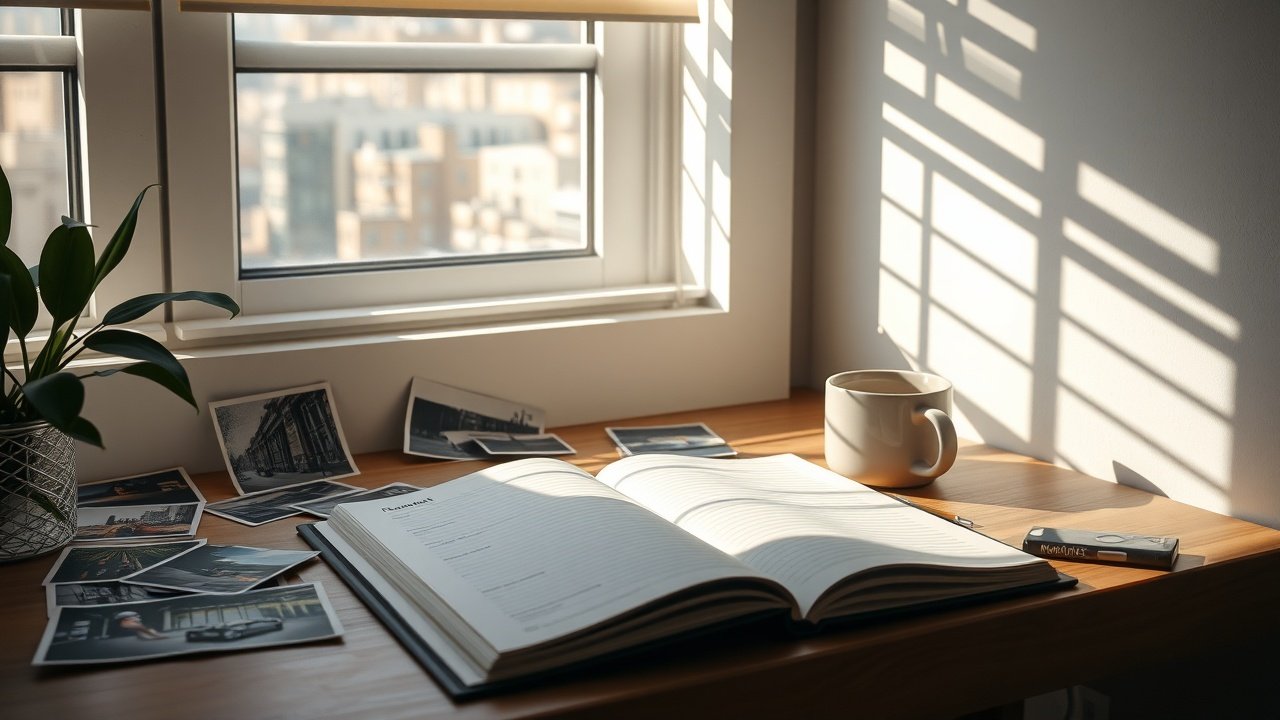 Sunlit workspace with open notebook, scattered photographs of urban scenes and nature, coffee mug nearby, soft morning light filtering through blinds., No infographics and no text