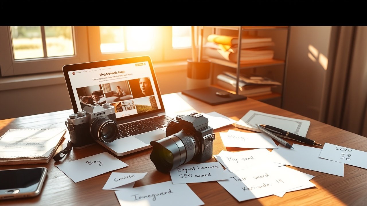Sunlit workspace with vintage camera, laptop displaying blog images, scattered notes on SEO keywords, wooden desk, warm morning light filtering through window., No infographics and no text