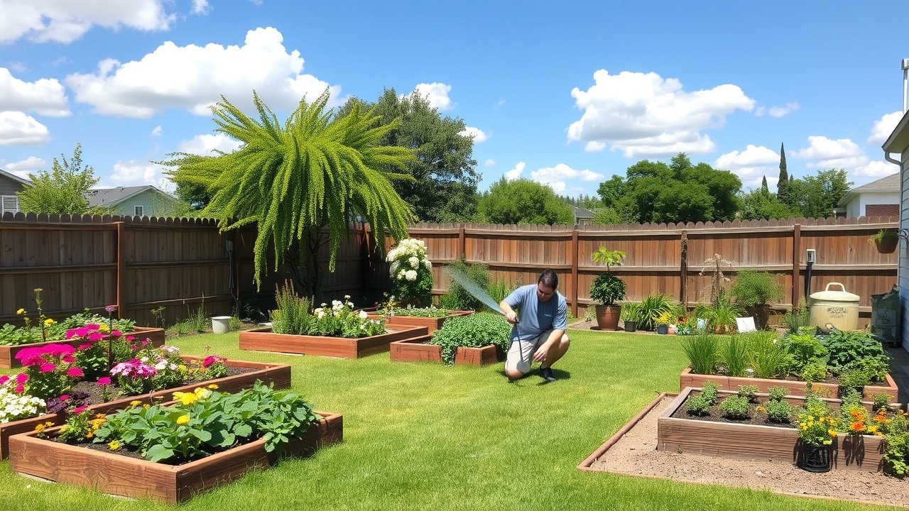 Sunny backyard garden with raised beds full of herbs and flowers, gardener kneeling to water plants, blue sky and white clouds above., No infographics and no text