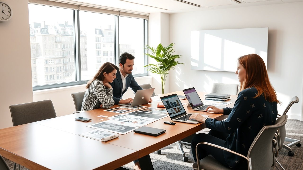 Team collaborating around a table with printed images and laptops in a bright conference room, natural daylight streaming through windows., No infographics and no text