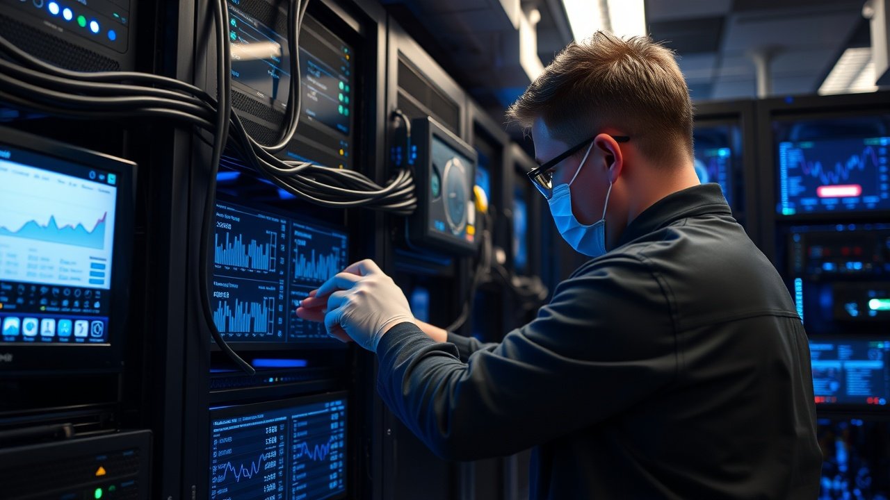 Technician adjusting server racks in a dimly lit data center, cables and screens displaying search analytics, cool blue LED lights illuminating the scene., No infographics and no text