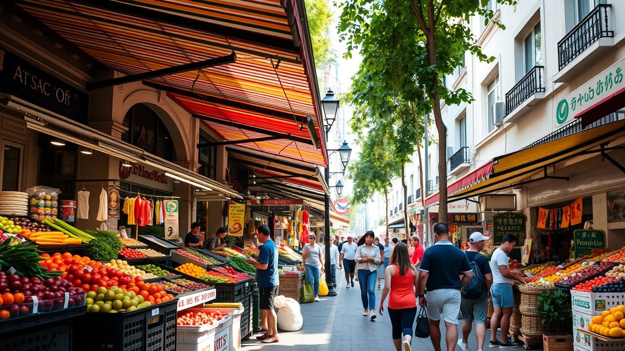 Urban street market bustling with vendors selling fresh produce, colorful stalls under striped awnings, shoppers browsing fruits and vegetables, midday sunlight casting shadows., No infographics and no text