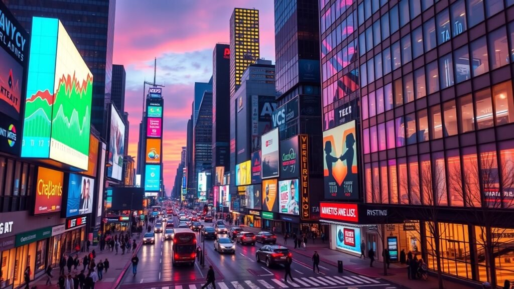 Vibrant cityscape at dusk with glowing digital billboards displaying colorful graphs and icons, overlooking busy streets filled with pedestrians and vehicles, soft neon lights reflecting on wet pavement., No infographics and no text