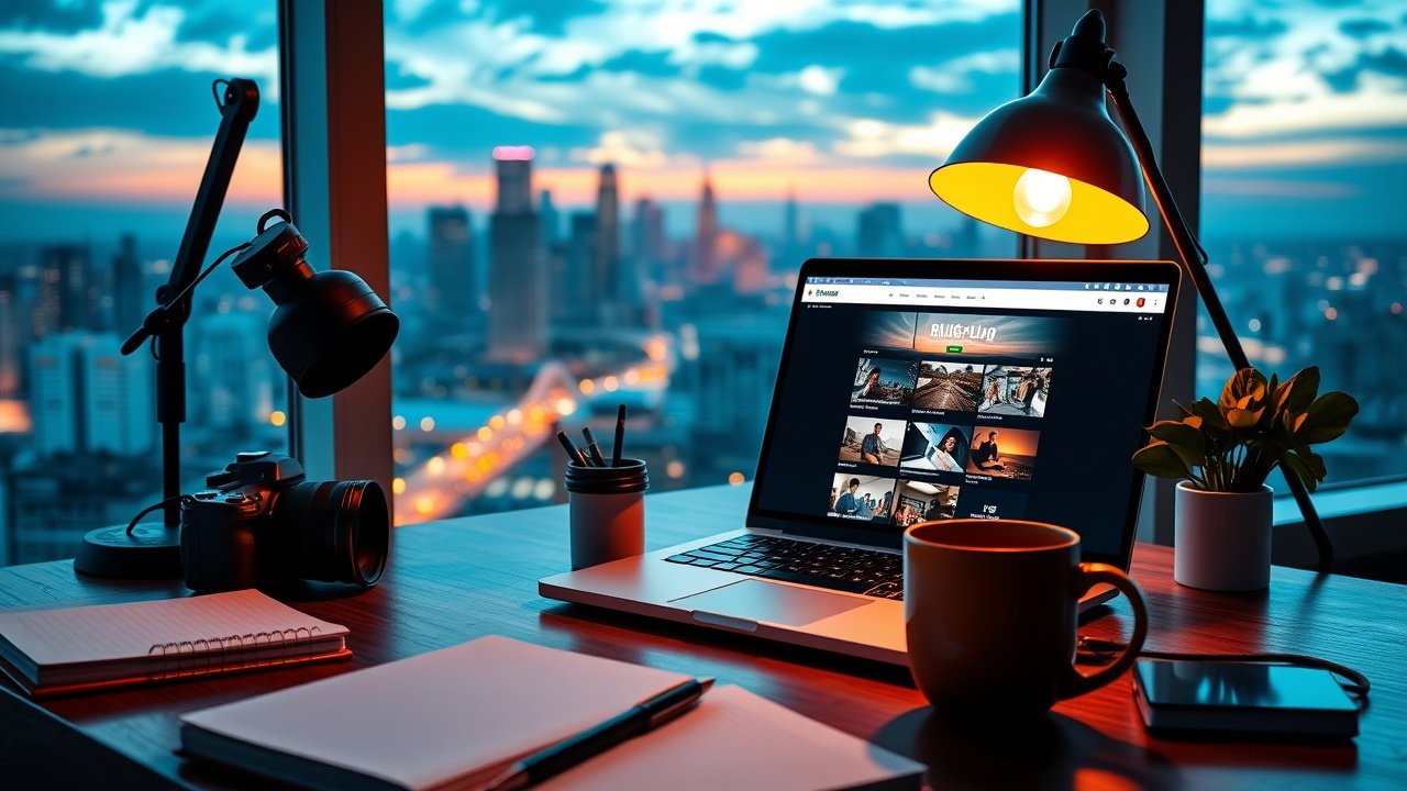 Vibrant digital workspace with camera, laptop displaying blog images, notebooks, and coffee mug under warm desk lamp lighting, overlooking city skyline at dusk., No infographics and no text