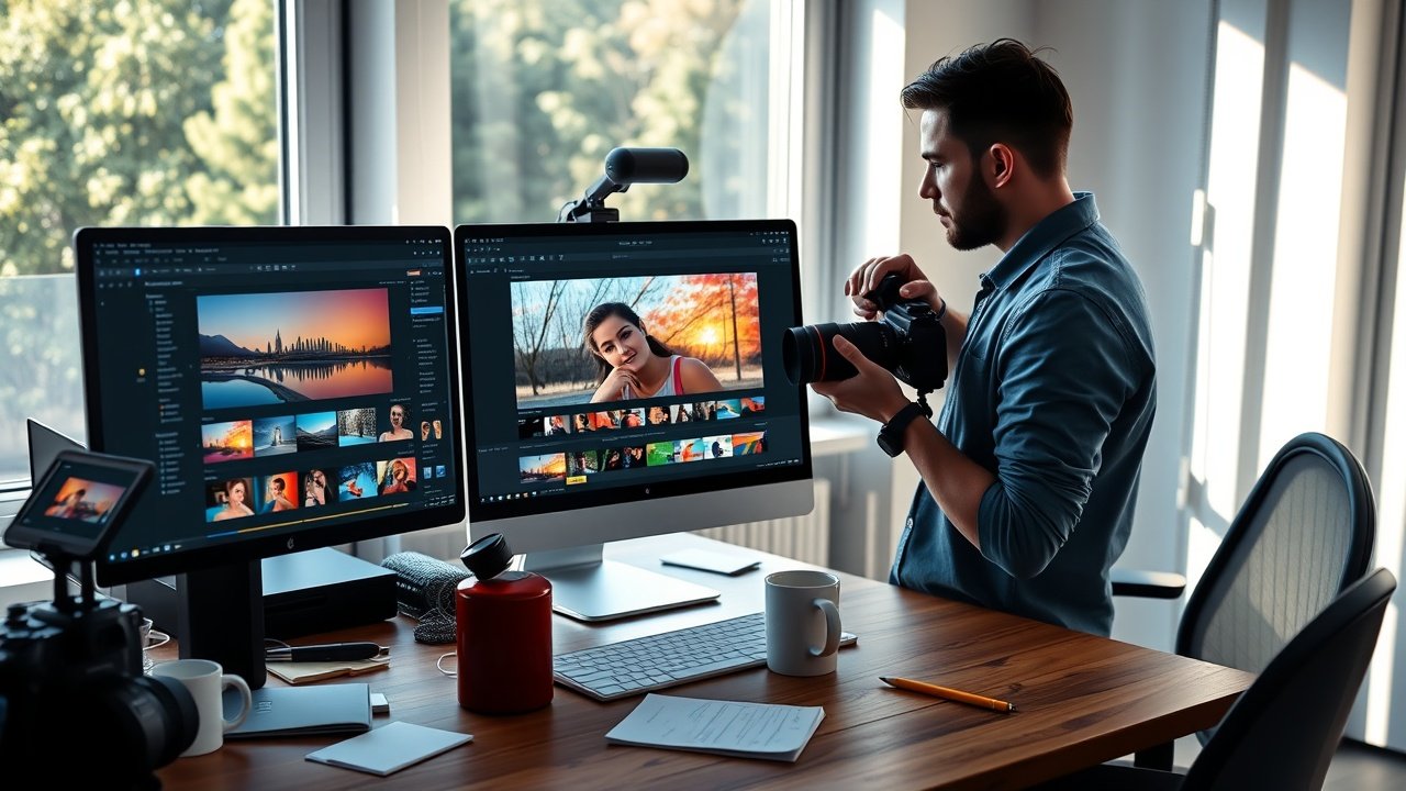 Vibrant digital workspace with computer screen displaying colorful image edits, soft natural light filtering through window, focused photographer adjusting camera nearby, scattered notes and coffee mug on wooden desk., No infographics and no text