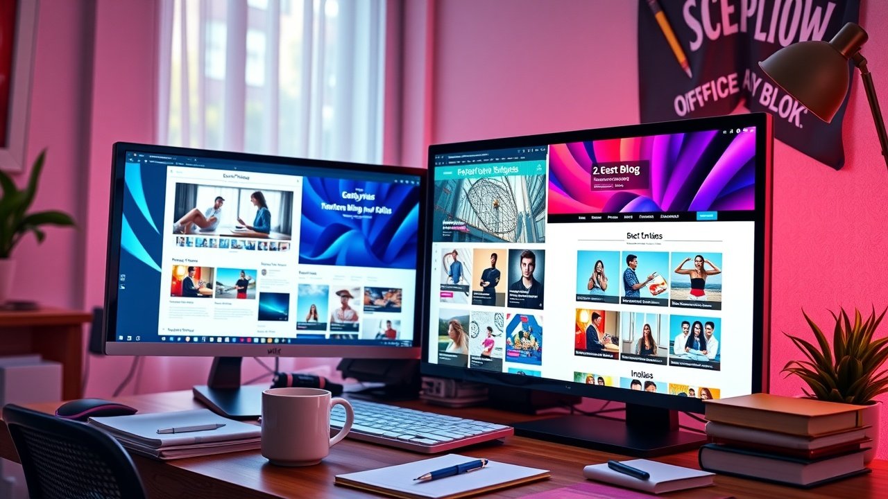 Vibrant digital workspace with glowing computer screens displaying colorful blog images, soft natural light filtering through window, wooden desk cluttered with coffee mug and notebooks, high-resolution photograph., No infographics and no text