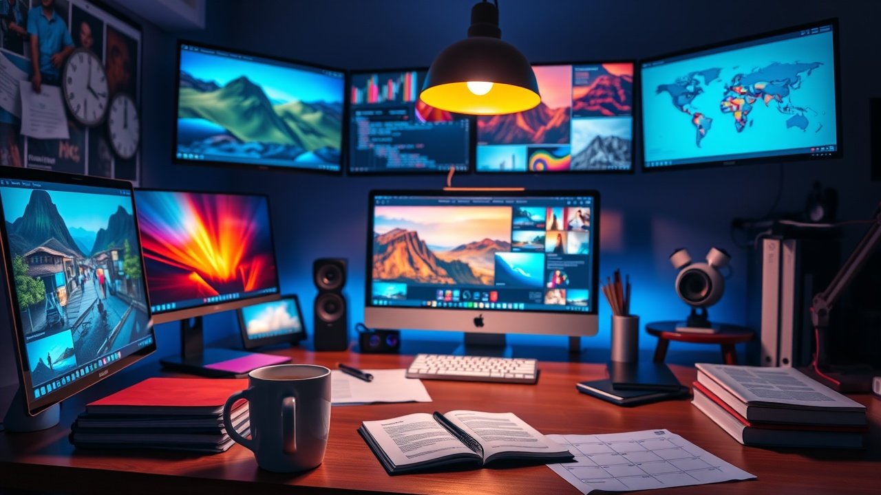 Vibrant digital workspace with glowing screens displaying colorful images, scattered notebooks, coffee mug under warm desk lamp light., No infographics and no text