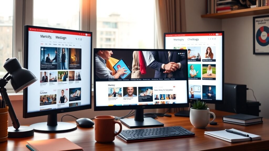 Vibrant digital workspace with glowing screens displaying colorful blog images, soft natural light filtering through window, wooden desk cluttered with notebooks and coffee mug, high-resolution photograph., No infographics and no text