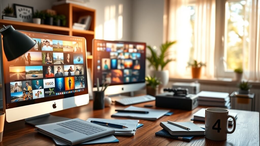 Vibrant digital workspace with glowing screens displaying colorful image thumbnails, soft natural light filtering through windows, wooden desk cluttered with notebooks and coffee mug., No infographics and no text