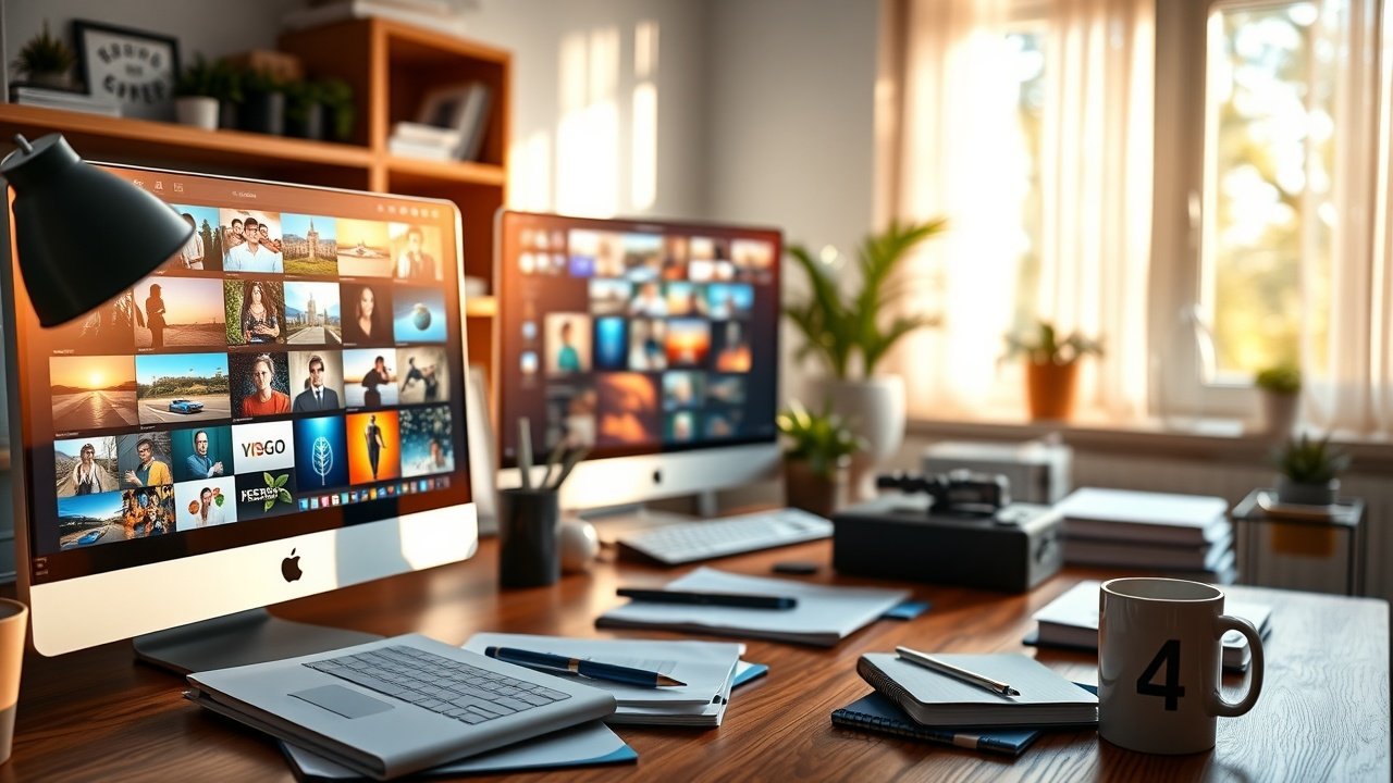 Vibrant digital workspace with glowing screens displaying colorful image thumbnails, soft natural light filtering through windows, wooden desk cluttered with notebooks and coffee mug., No infographics and no text