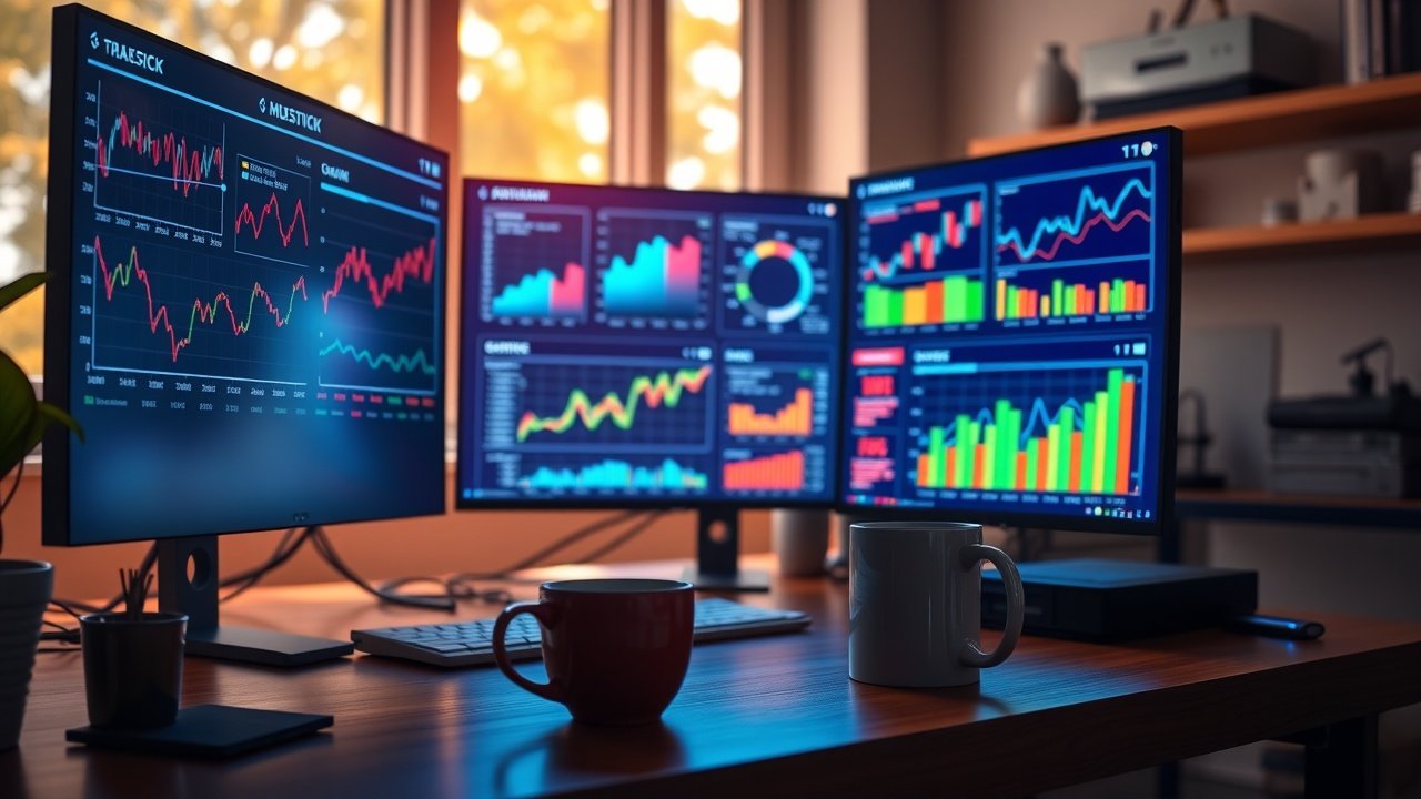 Vibrant digital workspace with glowing screens displaying colorful charts, coffee mug on wooden desk, soft natural light filtering through window, no people., No infographics and no text