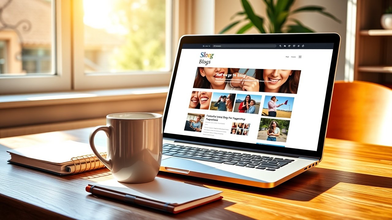 Vibrant laptop screen displaying a colorful blog post with embedded images, surrounded by coffee mug and notebook on wooden desk, warm morning sunlight streaming through window., No infographics and no text