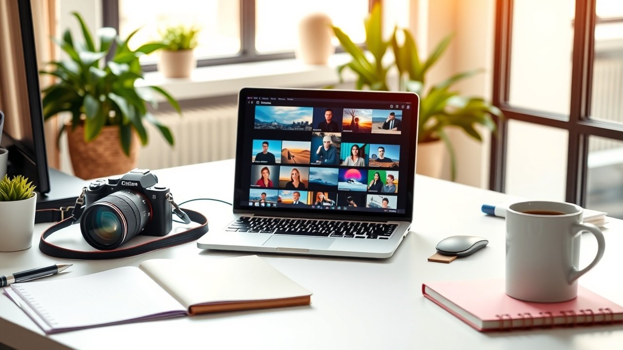 Vibrant modern office desk with laptop displaying colorful image edits, surrounded by camera, notebooks, and coffee mug under warm natural light., No infographics and no text