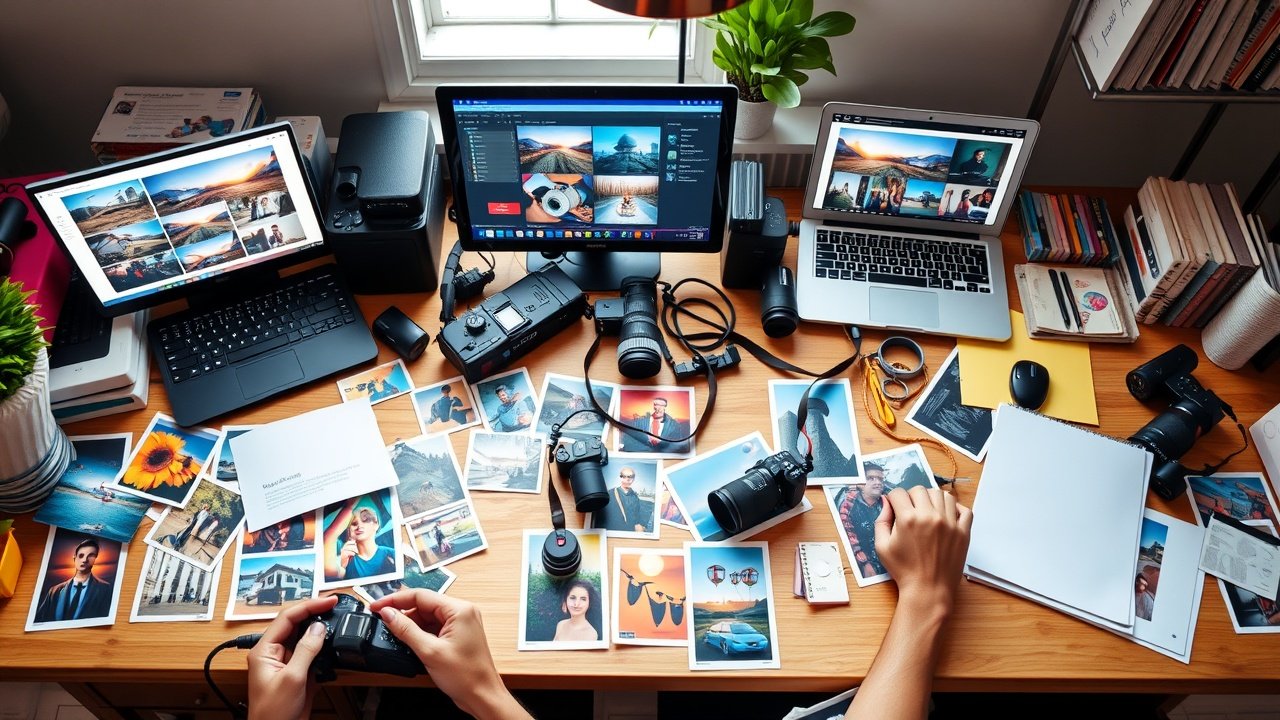 Vibrant office desk cluttered with cameras, laptops displaying photo edits, colorful prints scattered, natural window light illuminating creative workspace, focused hands adjusting images., No infographics and no text