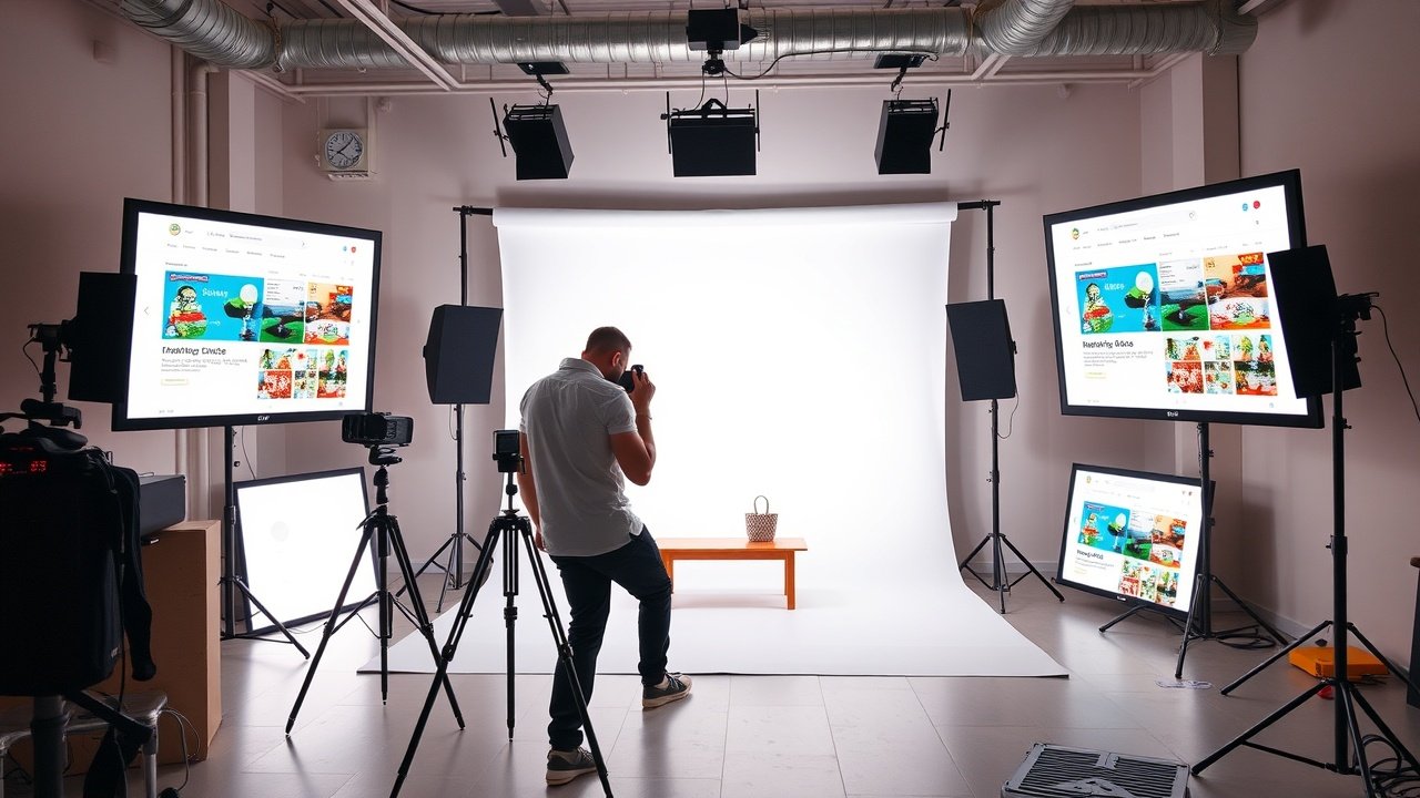 Vibrant studio scene with a photographer capturing a product on a white backdrop, surrounded by glowing computer screens displaying image search results, soft natural light filtering in., No infographics and no text