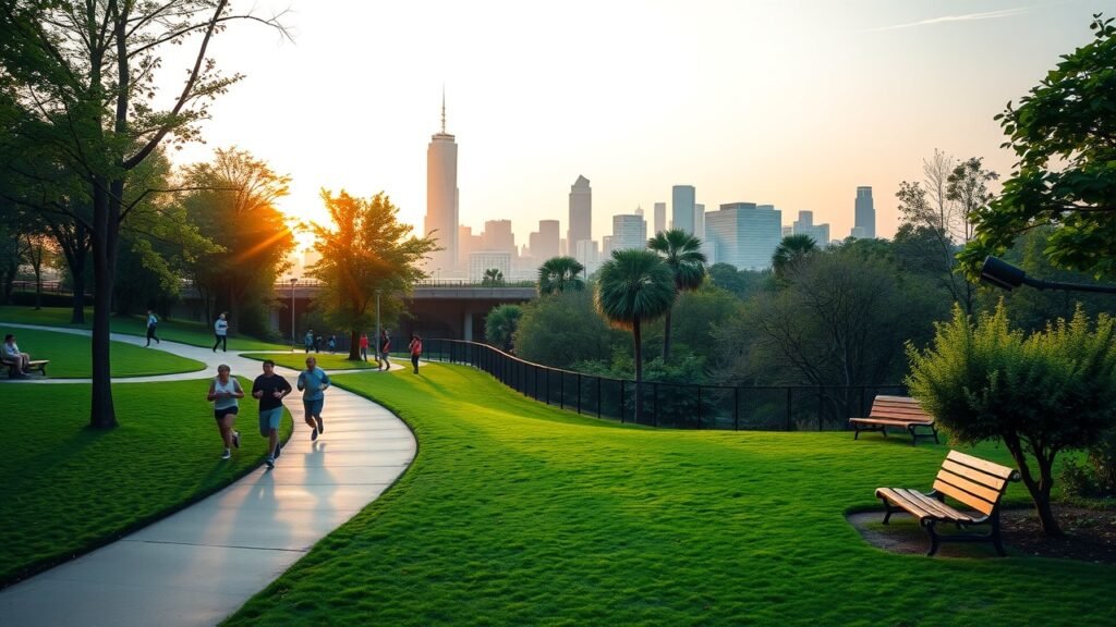 Vibrant urban park at dawn, diverse group jogging along winding paths, city skyline in background, soft golden light illuminating green foliage and benches., No infographics and no text
