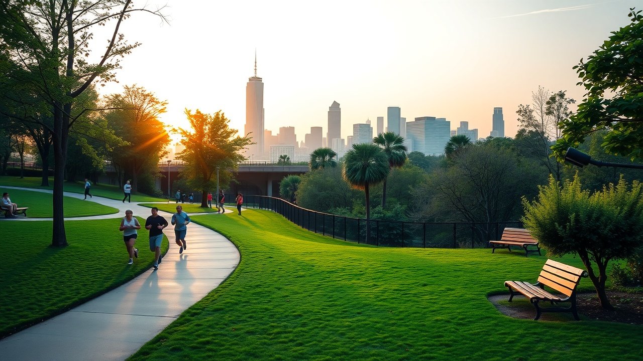 Vibrant urban park at dawn, diverse group jogging along winding paths, city skyline in background, soft golden light illuminating green foliage and benches., No infographics and no text