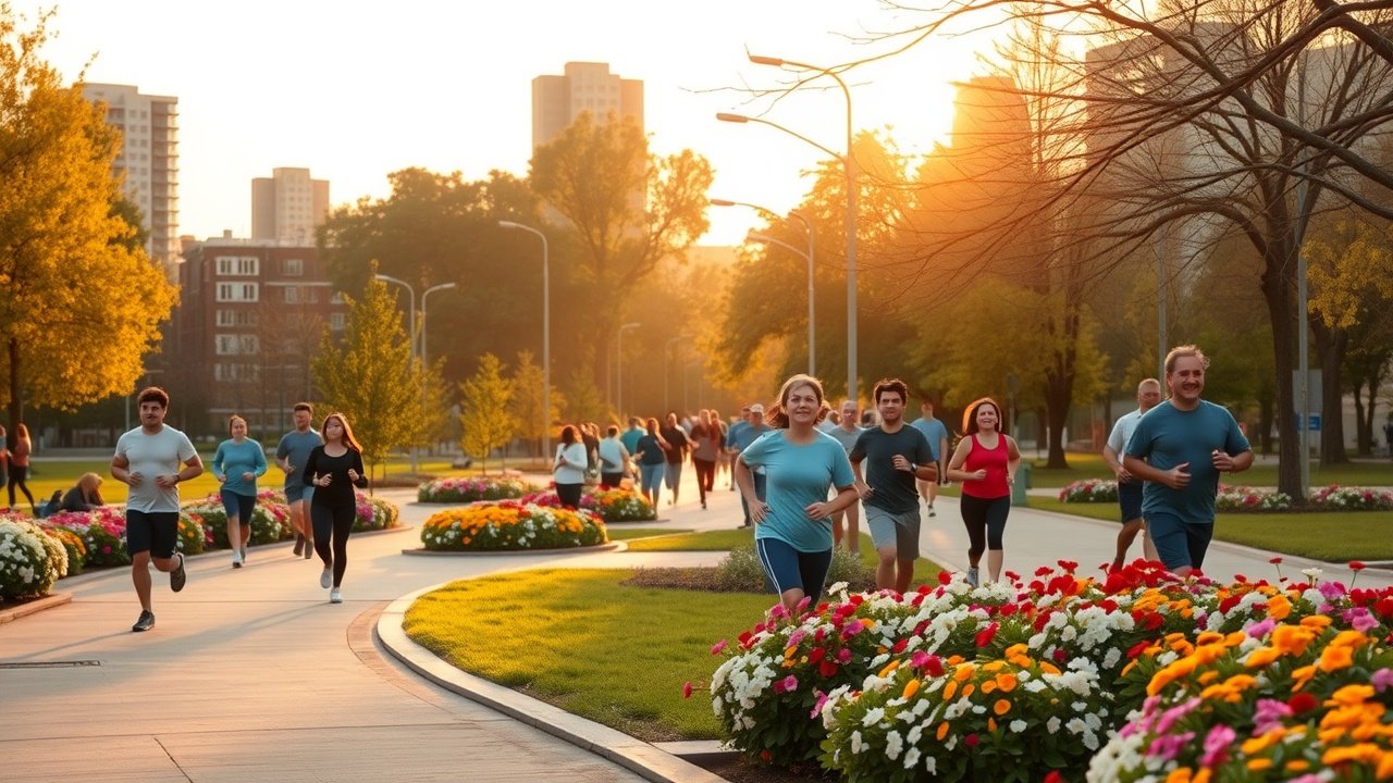 Vibrant urban park scene at dawn, diverse people jogging on paths lined with blooming flowers, soft golden sunlight filtering through trees, capturing energy and harmony in nature., No infographics and no text