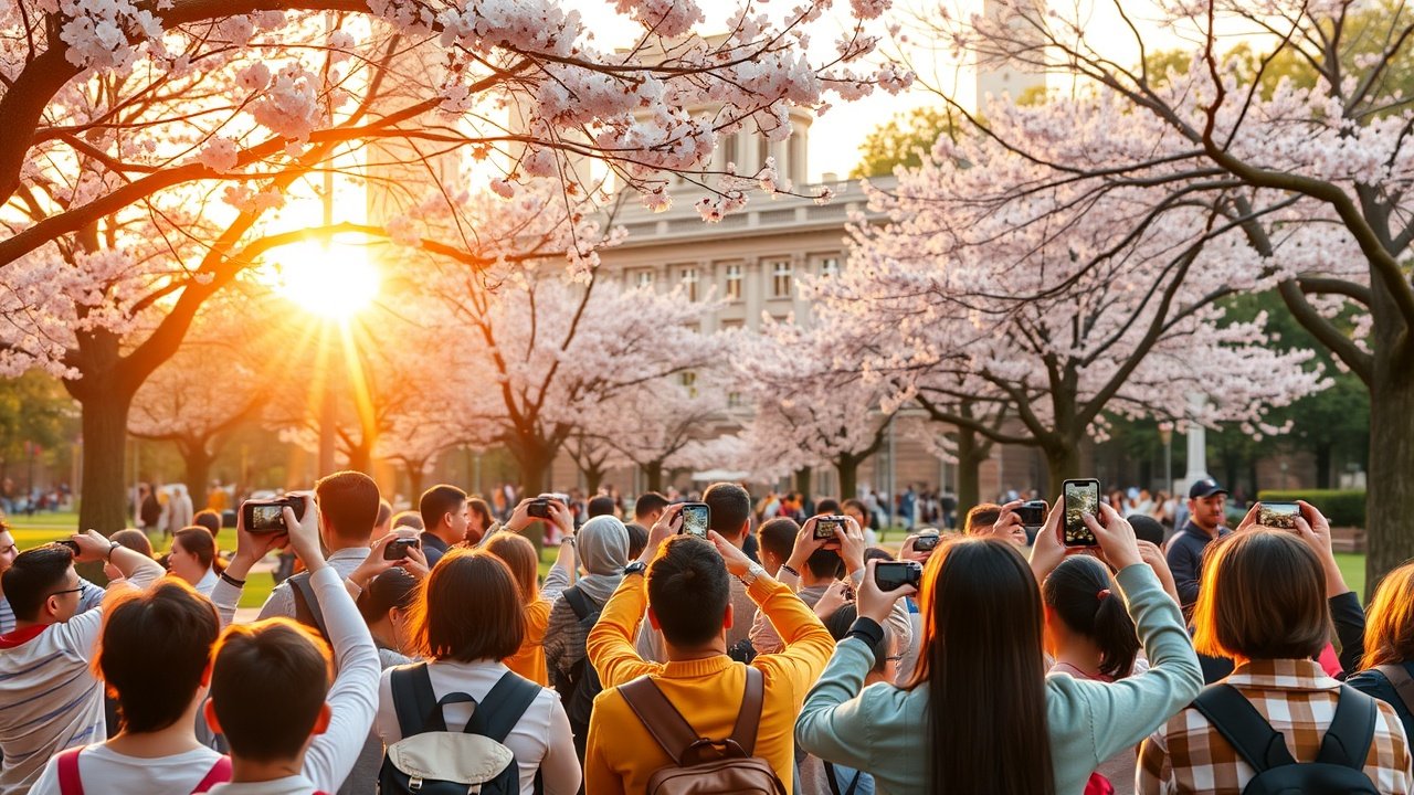 Vibrant urban park scene at golden hour, diverse group photographing cherry blossoms with cameras and phones, soft sunlight filtering through trees, lively atmosphere, No infographics and no text