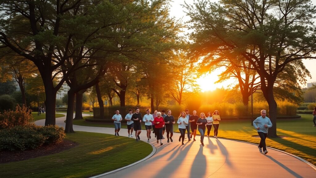 Vibrant urban park scene at sunset, diverse group jogging on winding path, lush green trees, warm golden lighting casting long shadows., No infographics and no text