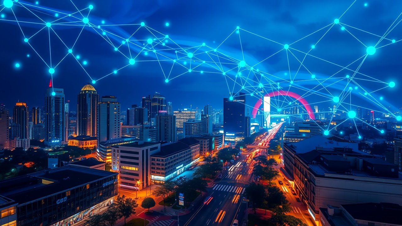 Vibrant urban skyline at night with holographic data streams and interconnected networks glowing in blue and green hues, overlooking a bustling city street., No infographics and no text