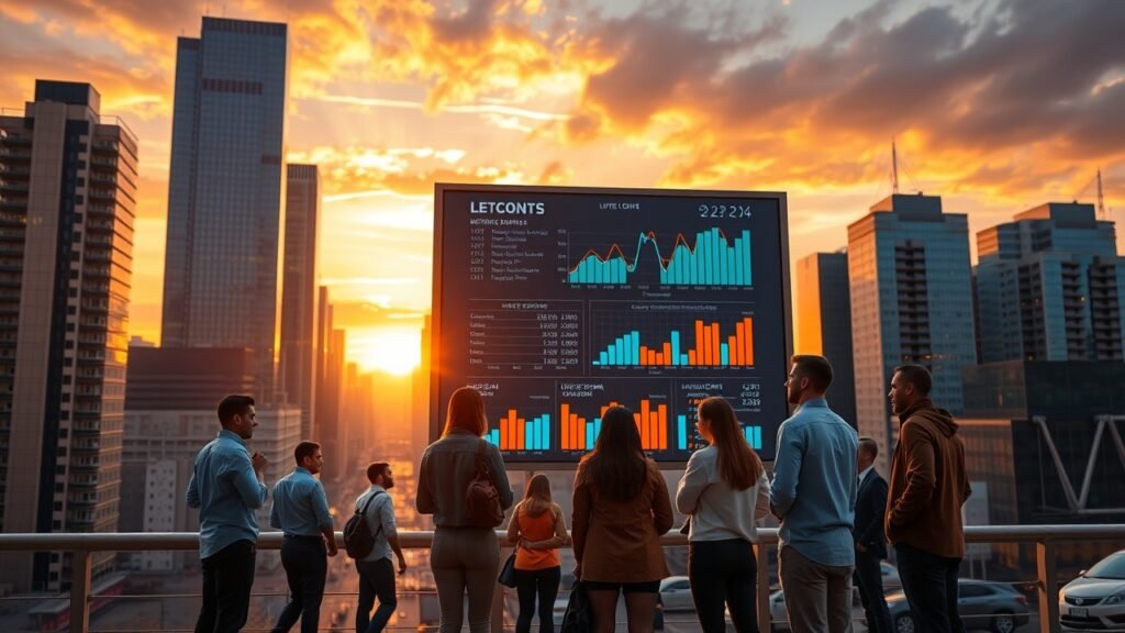 Vibrant urban skyline at sunset with diverse professionals collaborating around a large digital billboard displaying data charts, soft golden lighting illuminating the scene., No infographics and no text