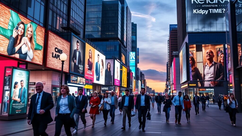 Vibrant urban street at dusk with diverse professionals walking past glowing digital billboards displaying colorful ads, capturing city energy and modern advertising., No infographics and no text