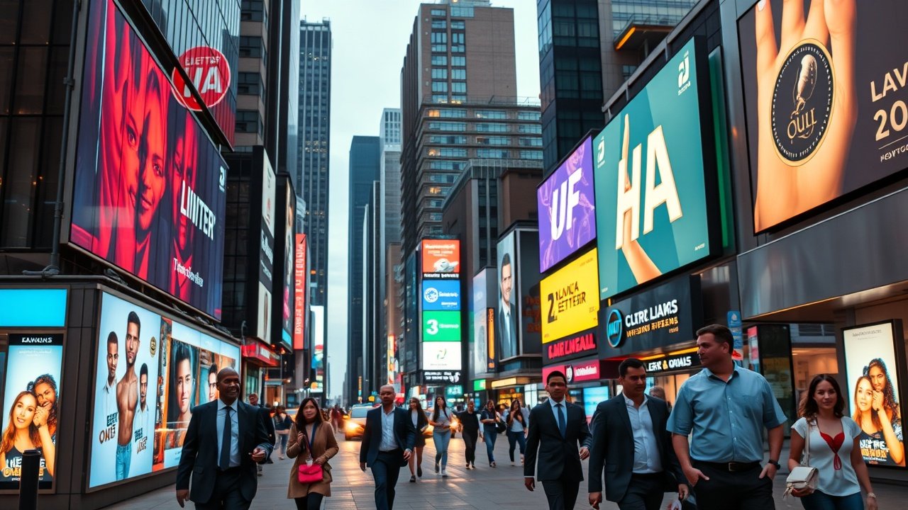 Vibrant urban street at dusk with diverse professionals walking past glowing digital billboards displaying colorful ads, capturing city energy and modern advertising., No infographics and no text