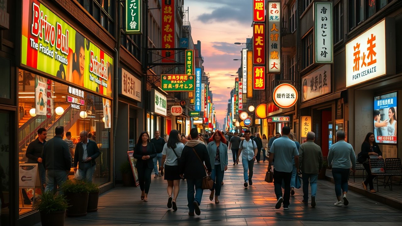 Vibrant urban street at dusk with neon signs reflecting on wet pavement, diverse pedestrians walking past glowing shop windows, capturing city nightlife energy., No infographics and no text