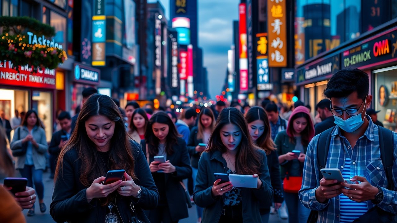 Vibrant urban street scene at dusk with diverse pedestrians using smartphones, glowing screens illuminating faces, bustling city lights in background, capturing modern connectivity., No infographics and no text