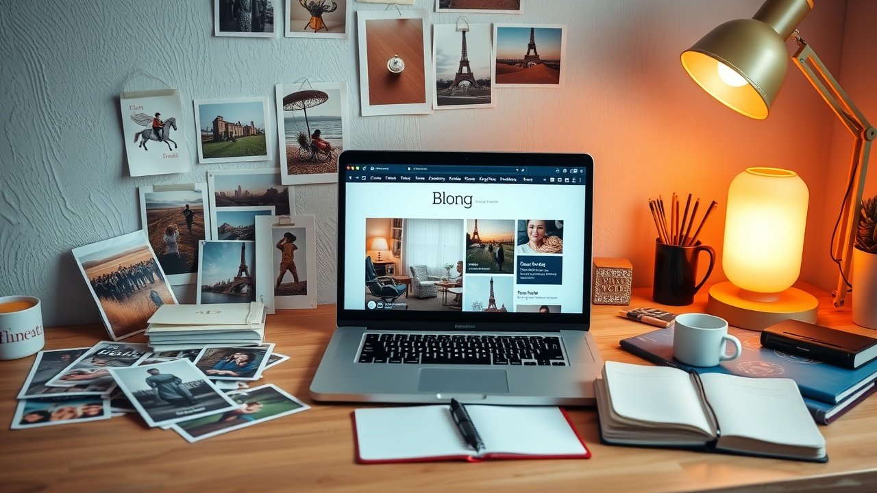 Vibrant workspace with open laptop showing blog interface, scattered photographs, notebooks, and warm desk lamp illuminating creative scene., No infographics and no text