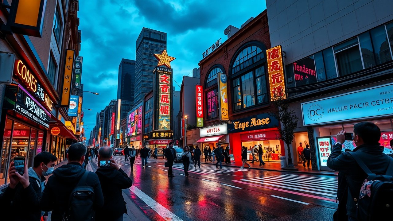 Wide-angle view of a bustling city street at dusk, neon signs reflecting on wet pavement, pedestrians with smartphones capturing photos under streetlights., No infographics and no text