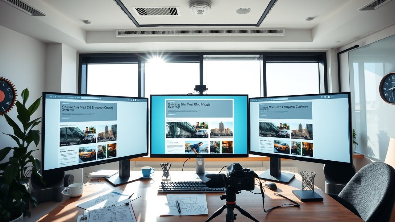 Wide-angle view of a modern workspace with multiple monitors displaying SEO-optimized blog images, natural daylight streaming through large windows, organized desk with camera and sketches., No infographics and no text