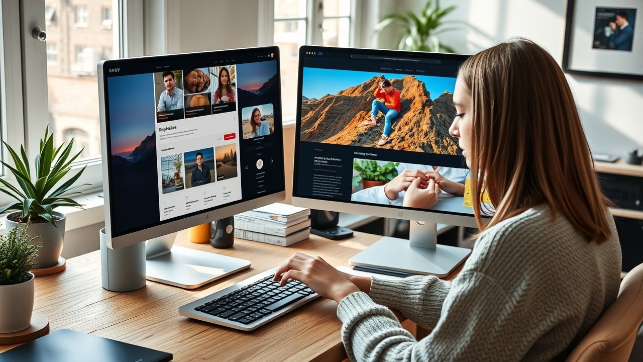A blogger typing on a keyboard while viewing SEO-optimized images on her monitor in a cozy home workspace bathed in natural light., No infographics and no text