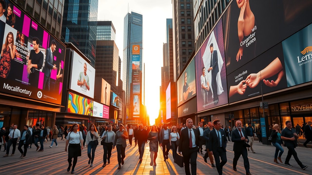 A bustling city street at dusk with diverse professionals walking past large digital billboards displaying vibrant product ads, golden hour lighting casting long shadows., No infographics and no text
