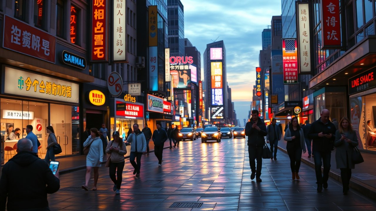 A bustling city street at dusk with neon signs reflecting on wet pavement, people walking with smartphones, capturing the essence of urban digital life., No infographics and no text